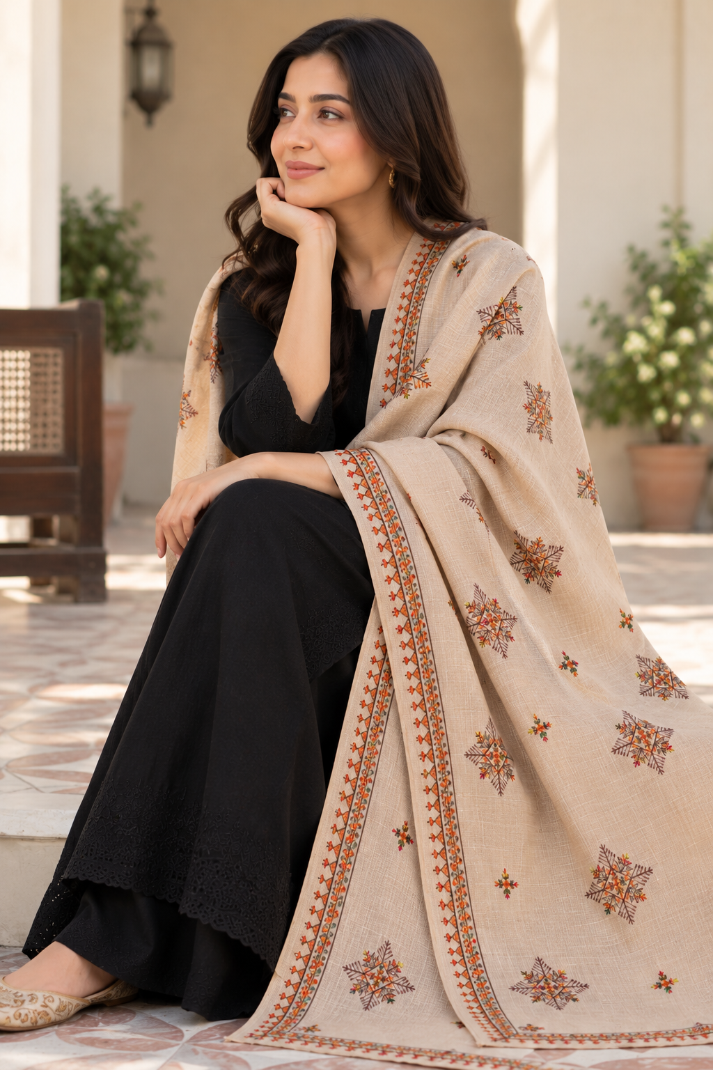 Ivory Bloom Embroidered Shawl