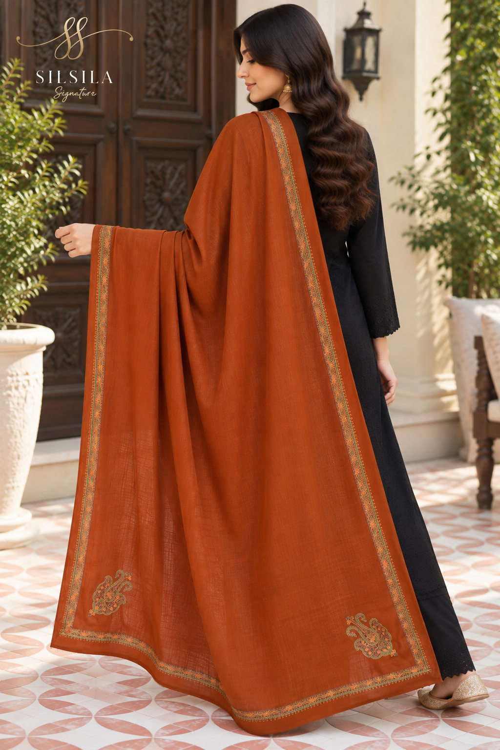 Burnt Orange Paisley Edge Shawl