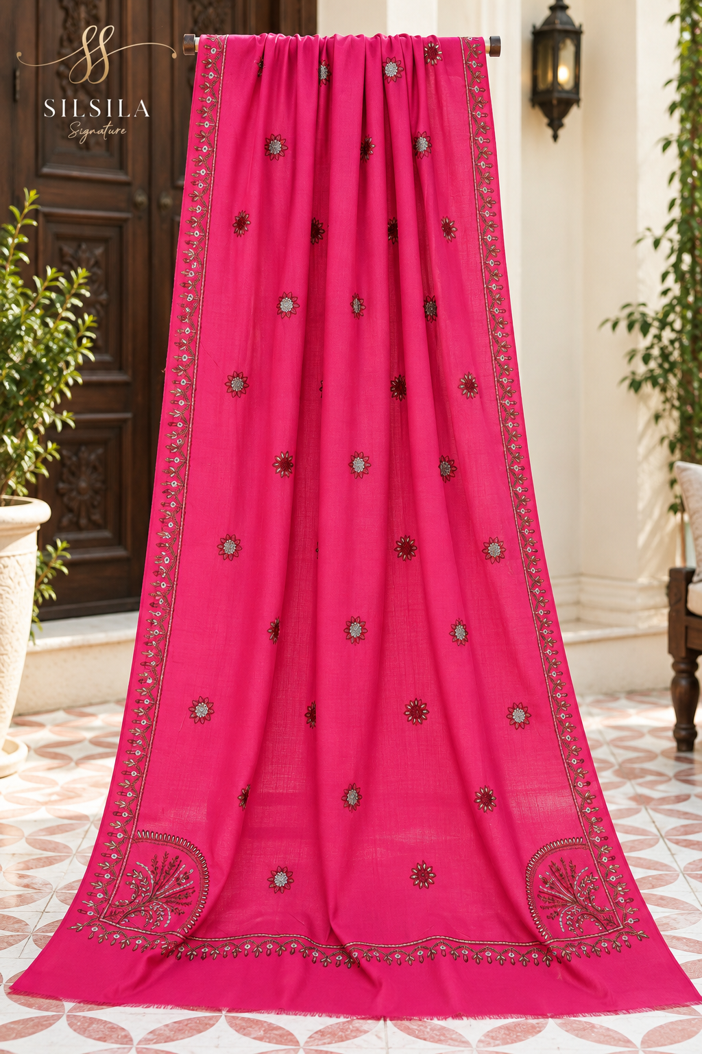 Fuchsia Blossom Embroidered Shawl