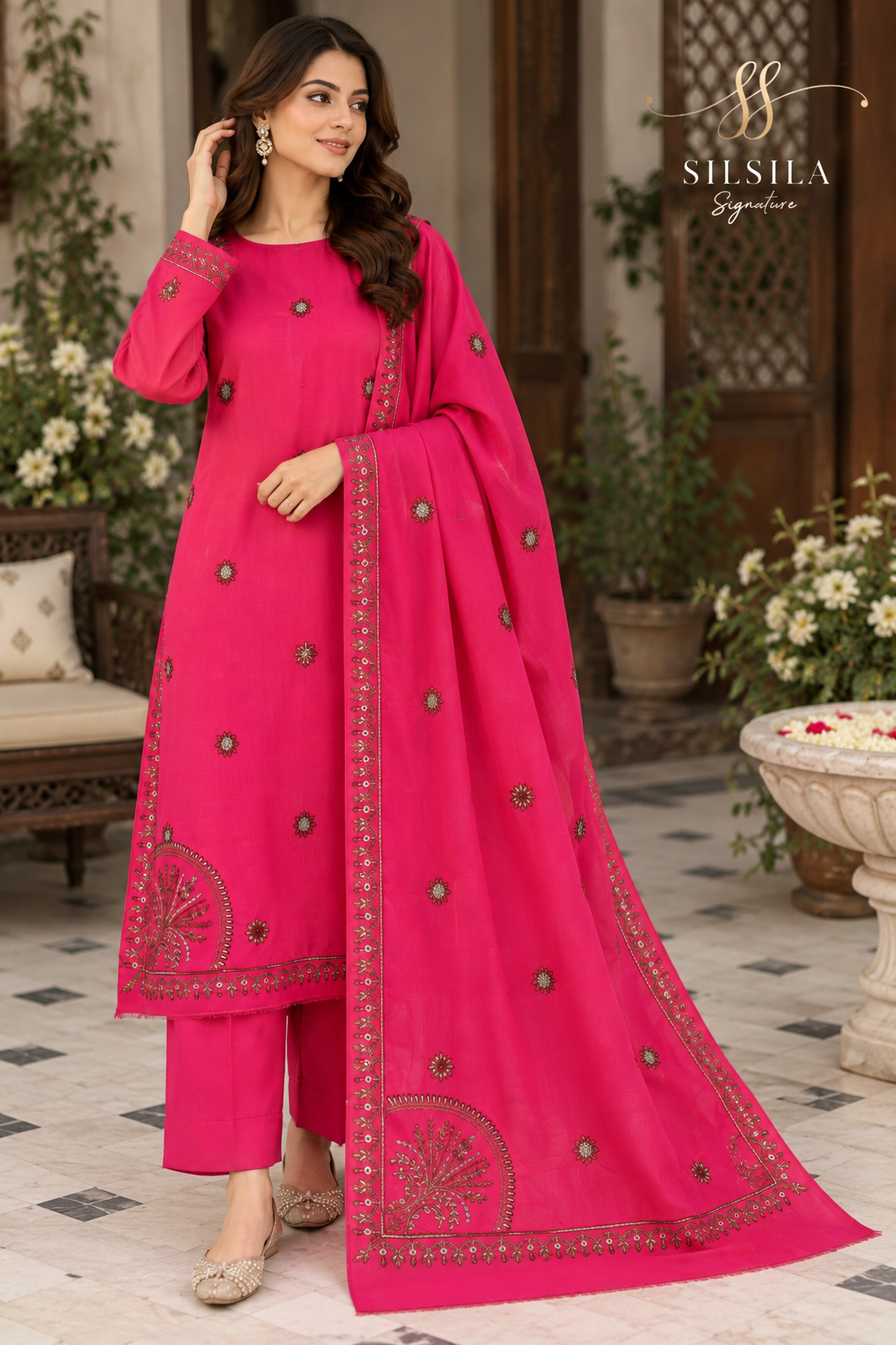 Fuchsia Blossom Embroidered Shawl