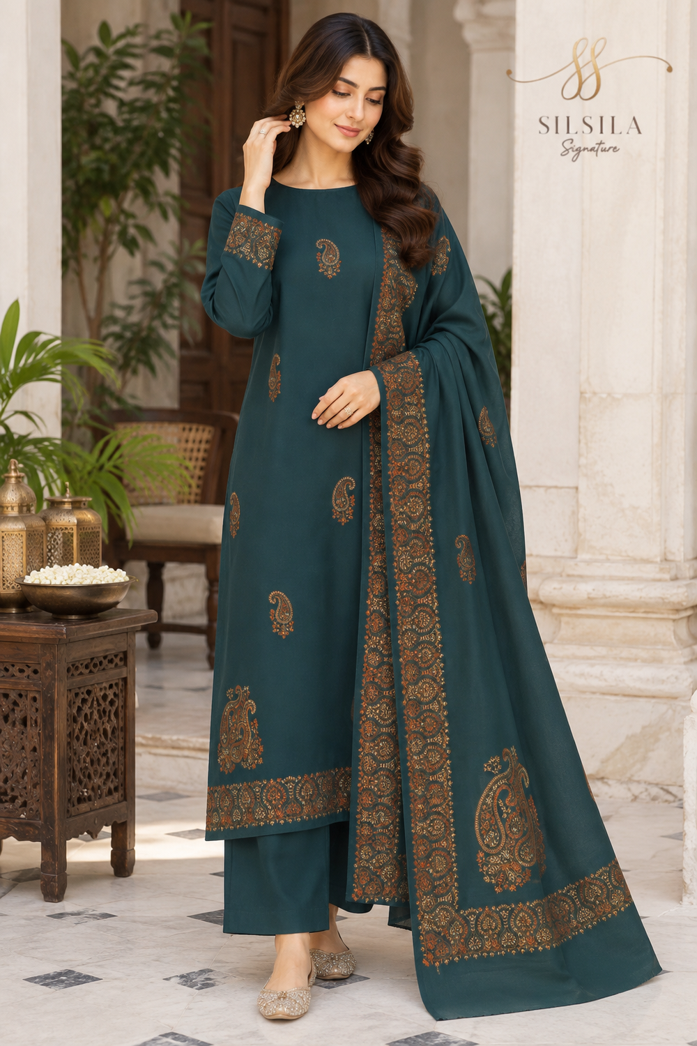 Deep Teal Regal Paisley Shawl