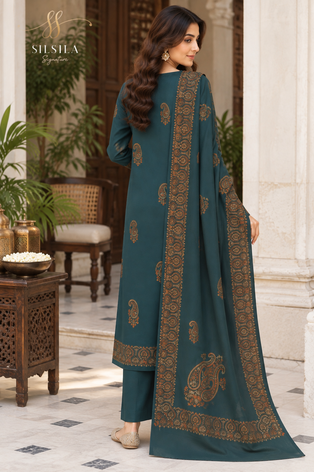 Deep Teal Regal Paisley Shawl