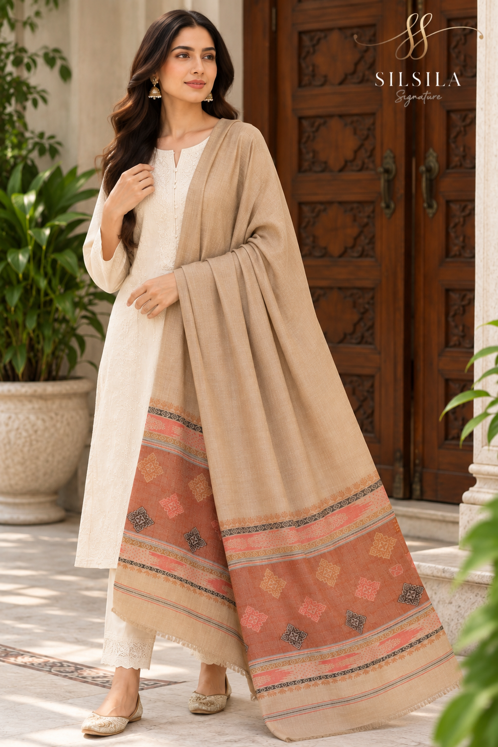 Terracotta Mosaic Border Shawl