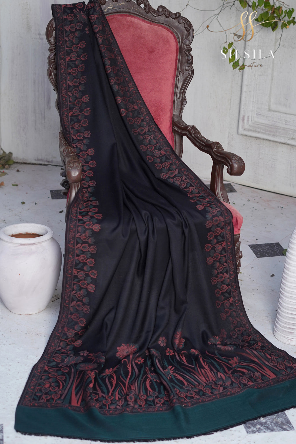 Midnight Bloom Floral Shawl