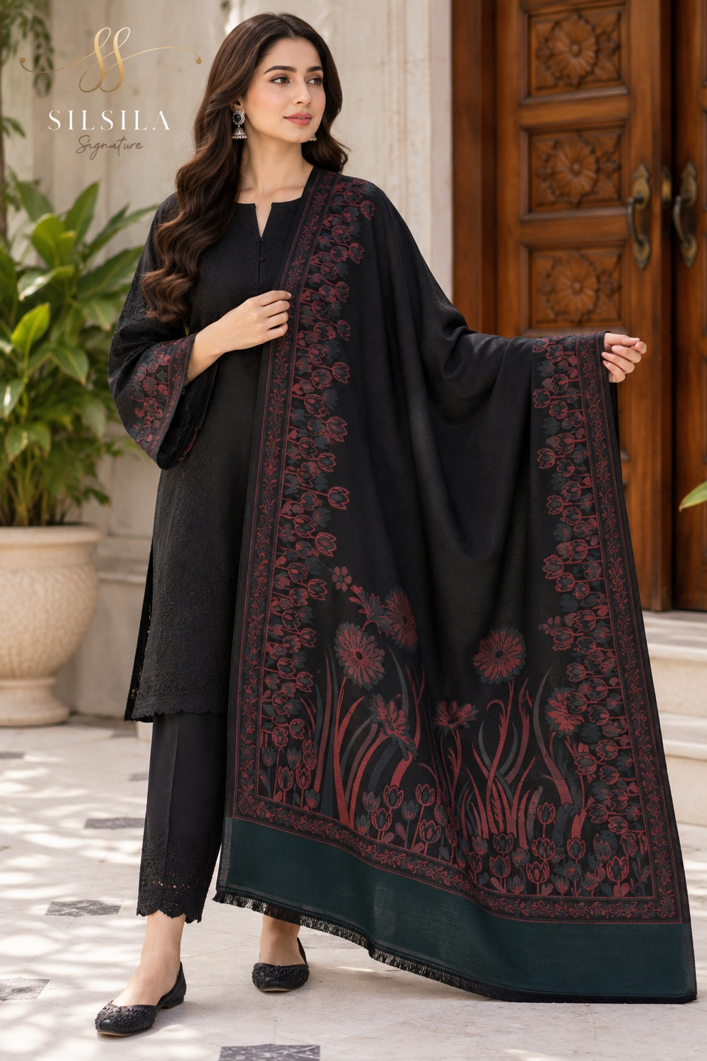 Midnight Bloom Floral Shawl