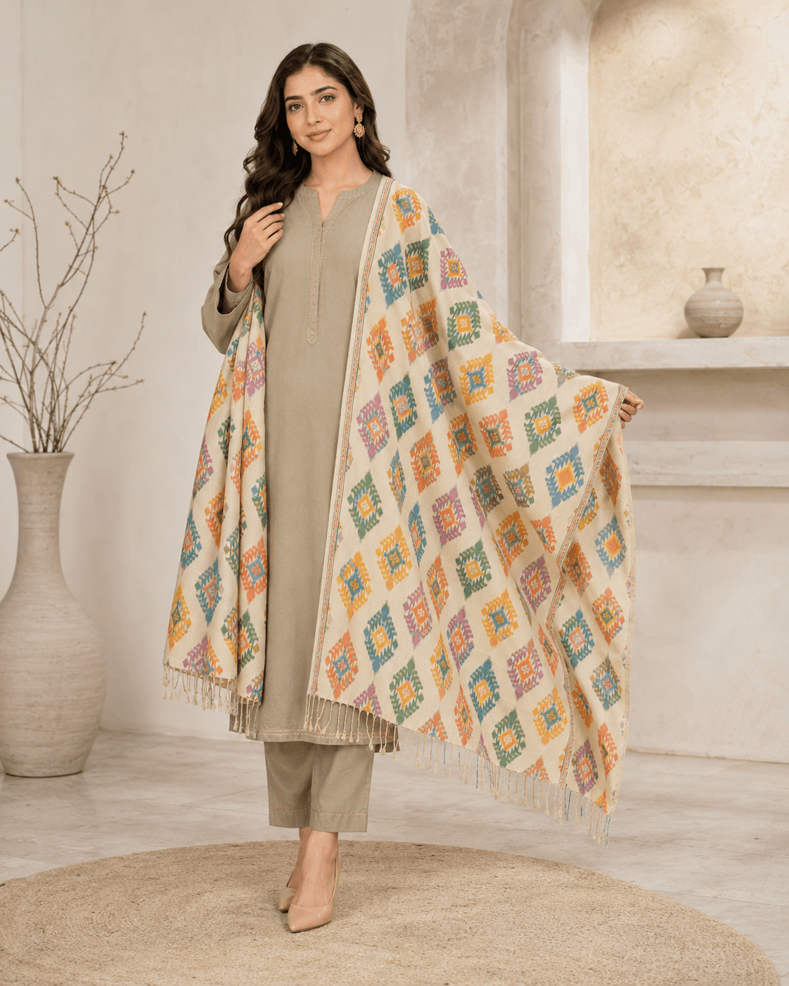 Rangrez Cream Winter Shawl