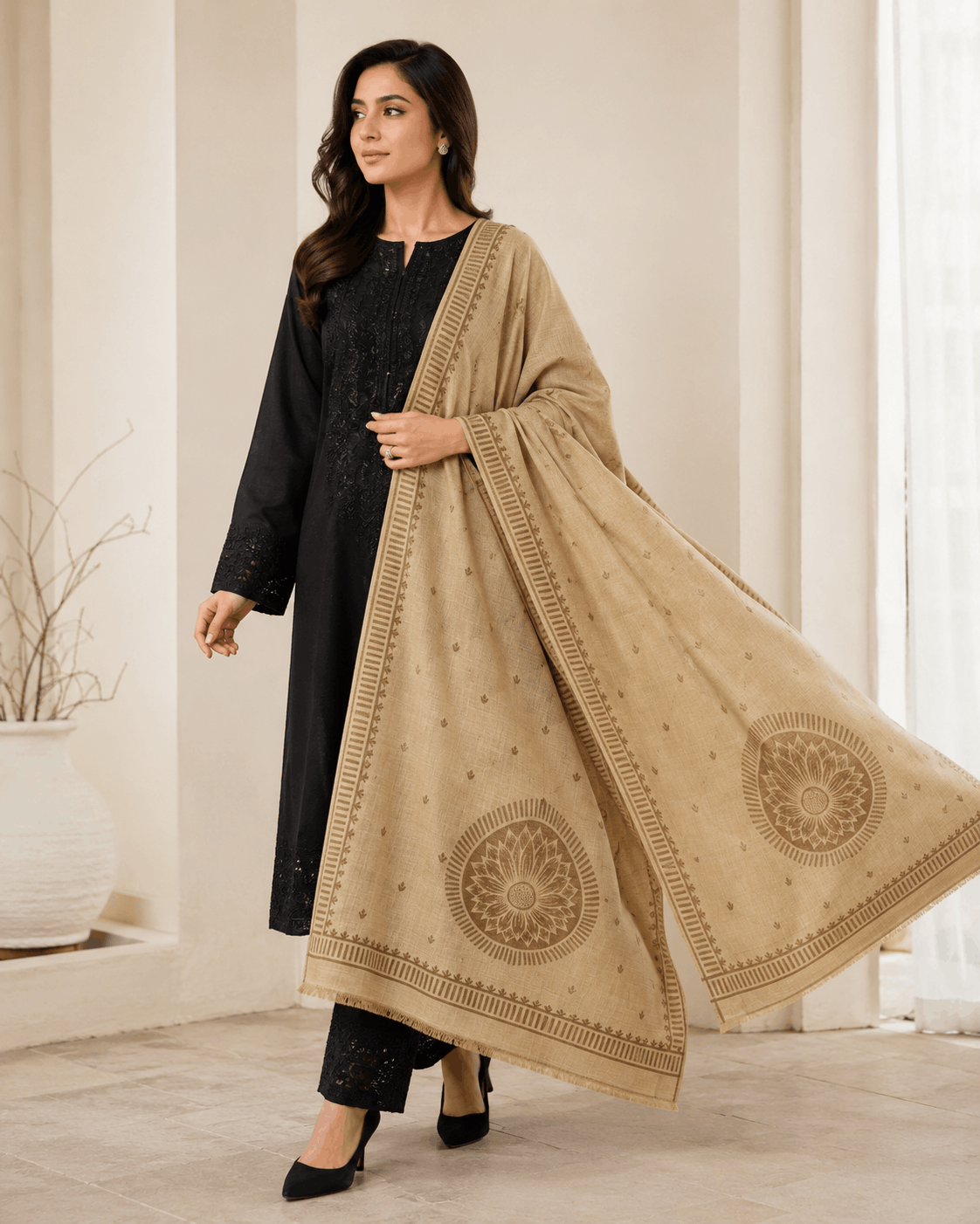 Beige Sunflower Motif Winter Shawl