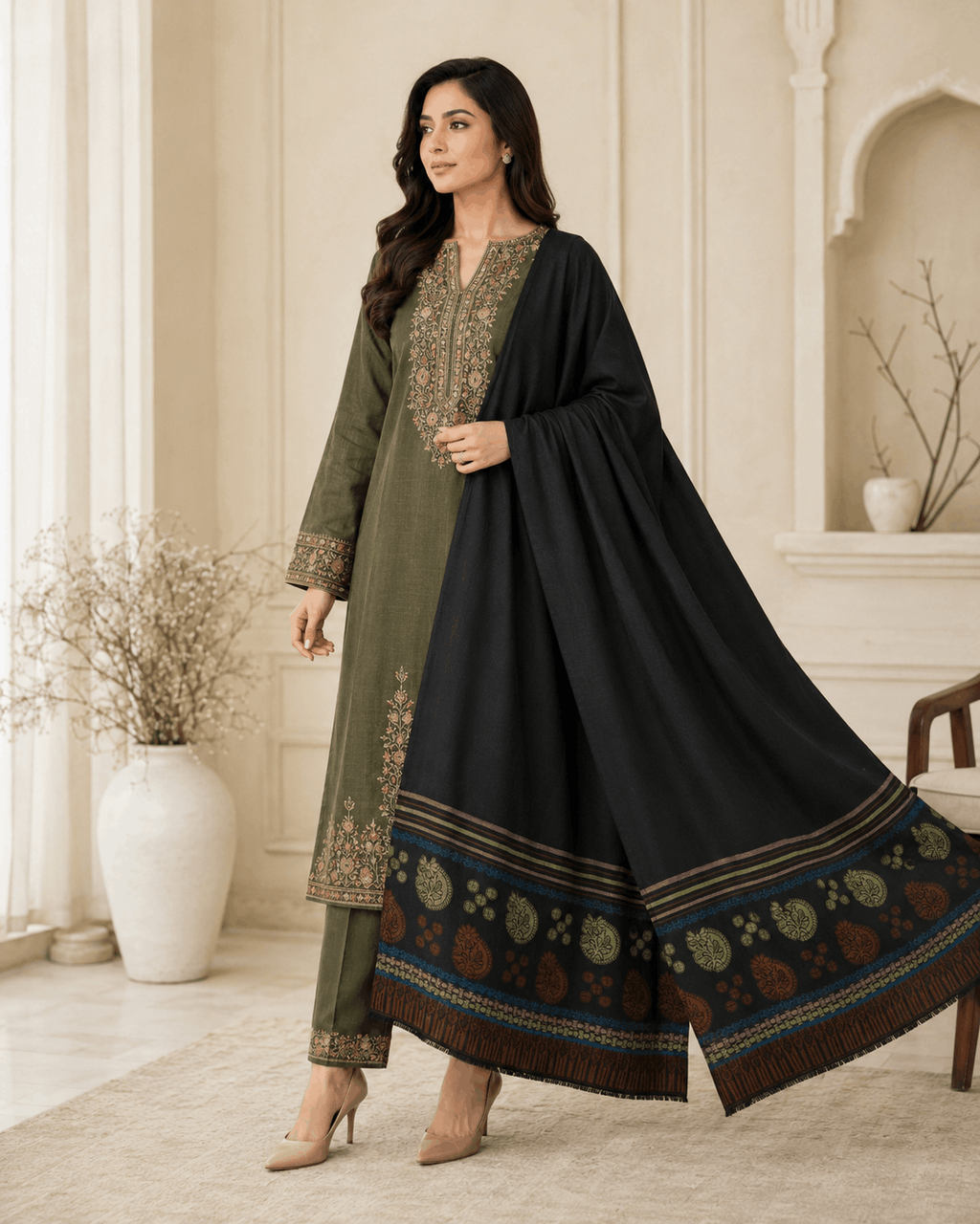 Black Rangrez Border Winter Shawl