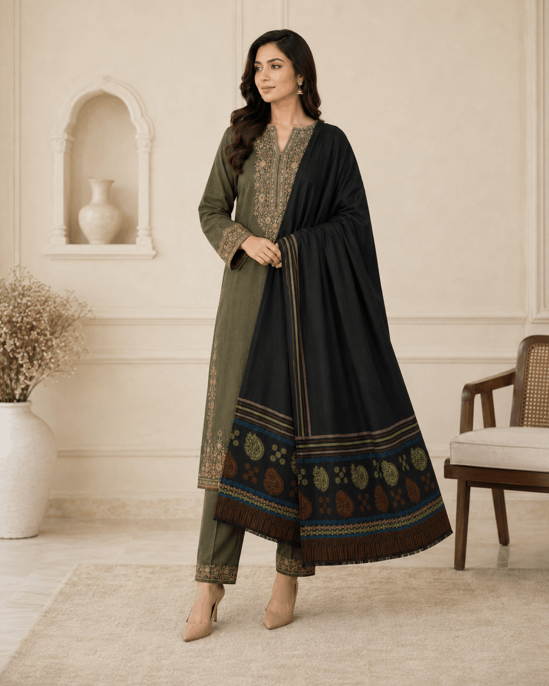 Black Rangrez Border Winter Shawl