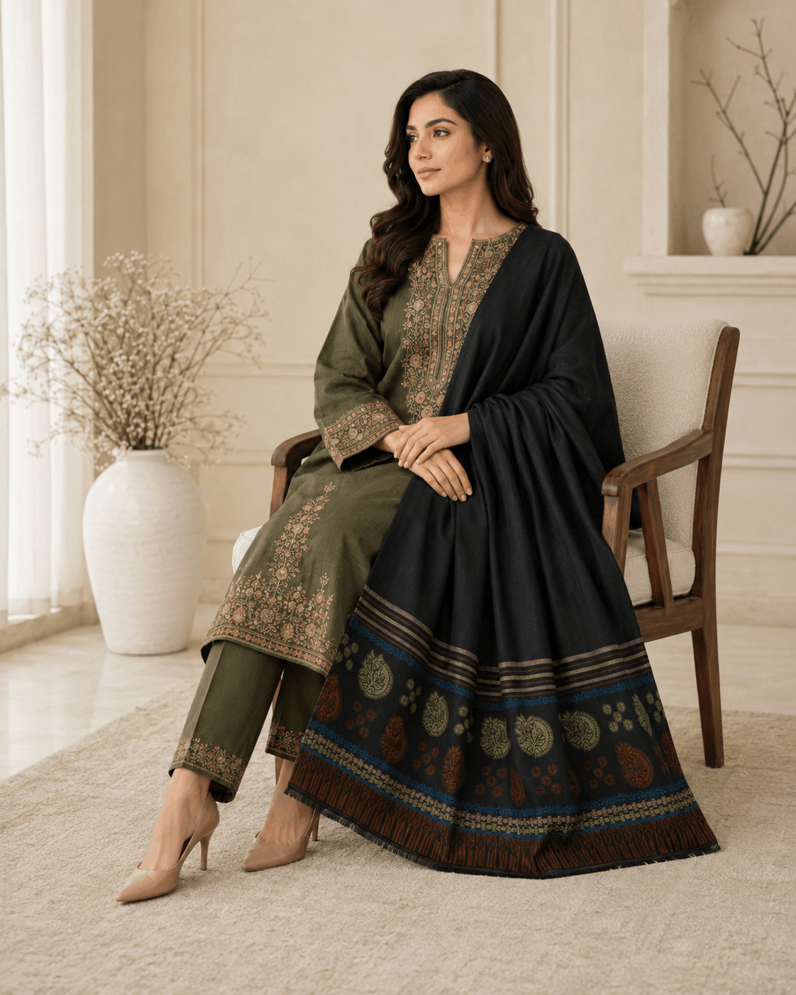 Black Rangrez Border Winter Shawl