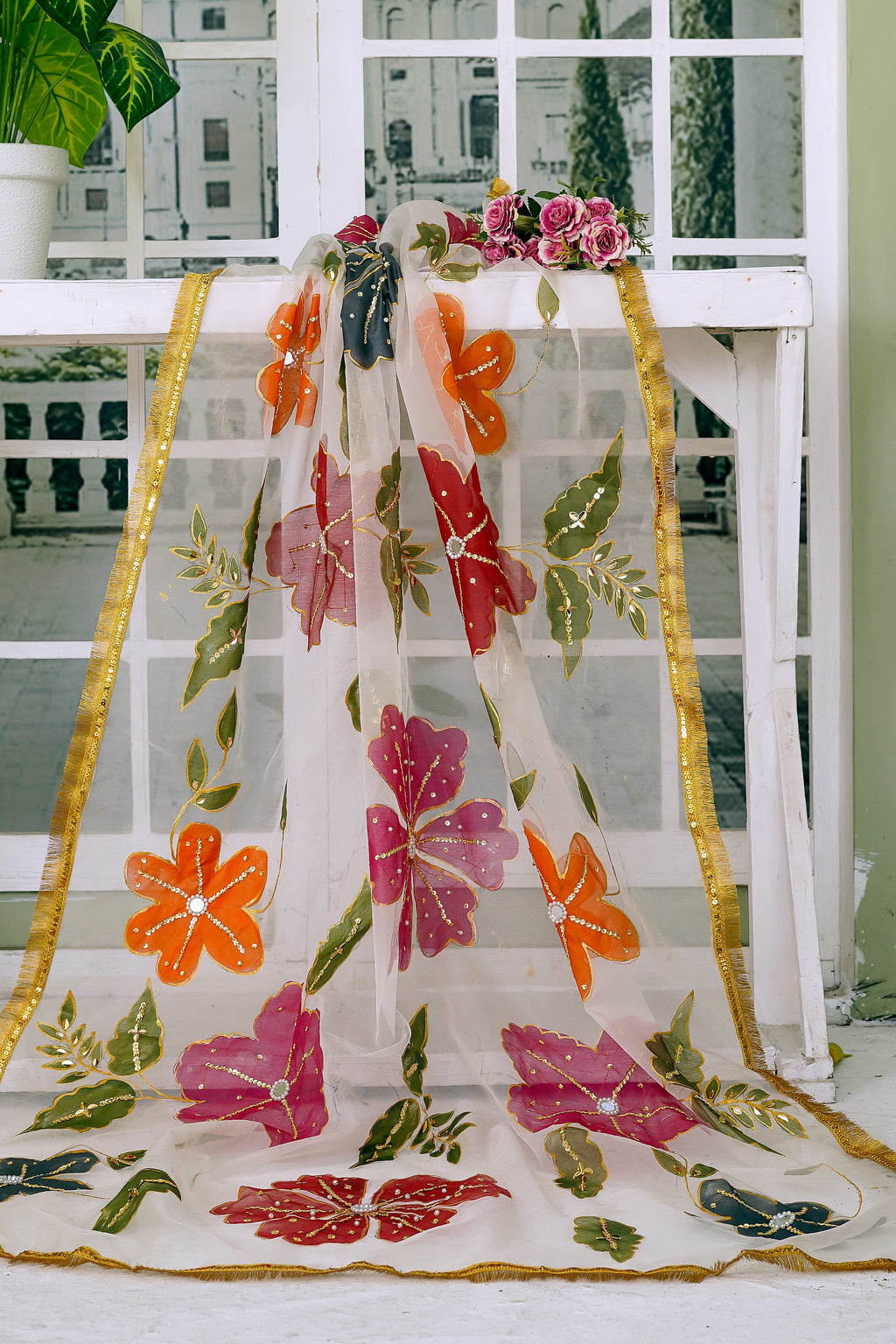 Ivory Multicolor Floral Organza Dupatta