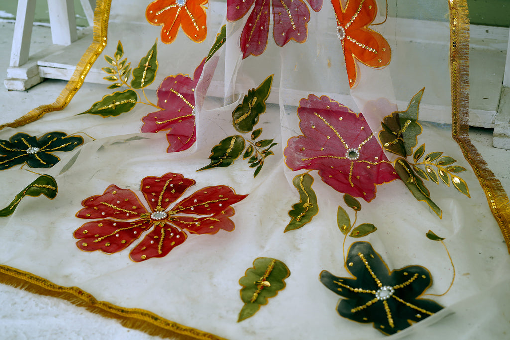 Ivory Multicolor Floral Organza Dupatta