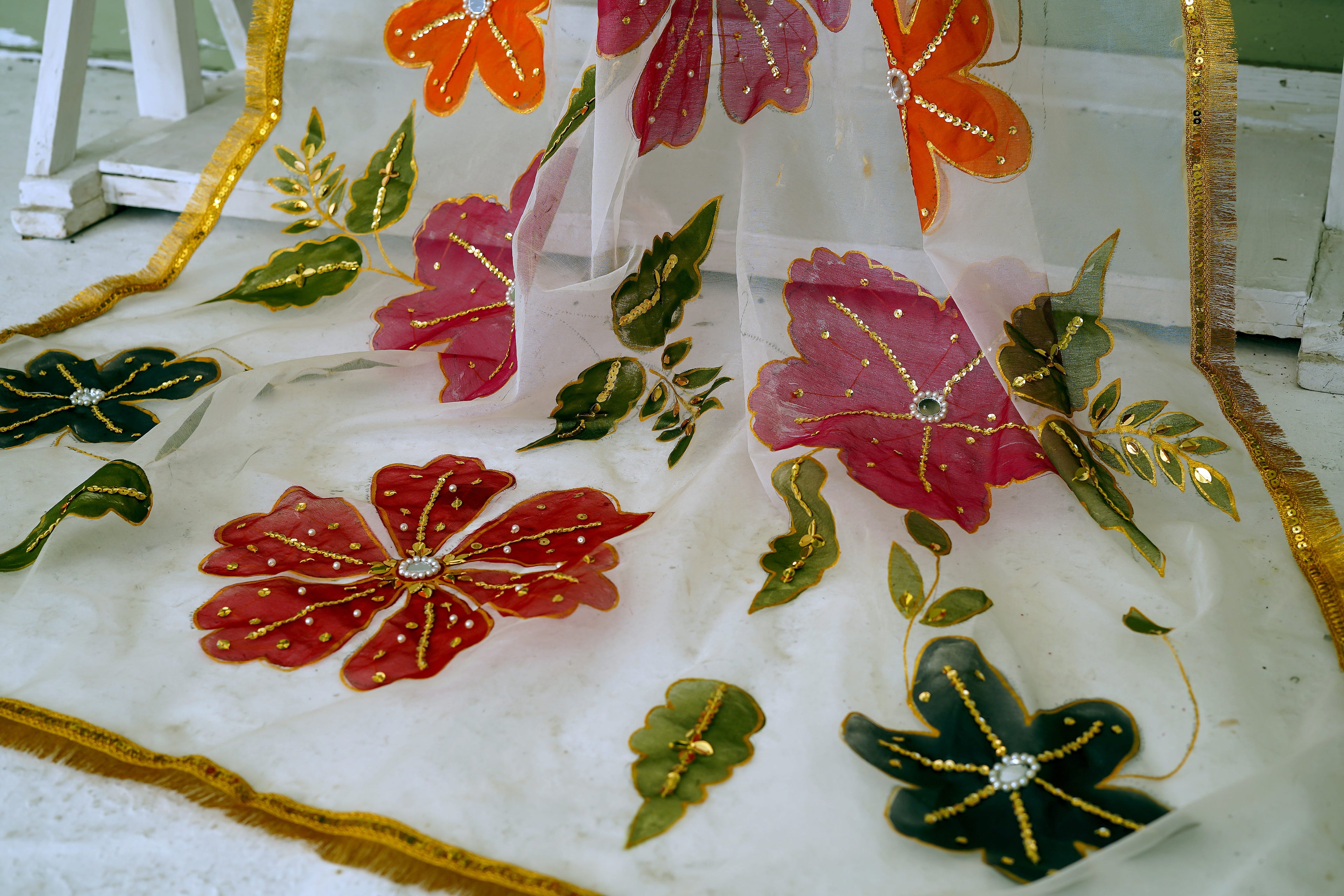 Ivory Multicolor Floral Organza Dupatta