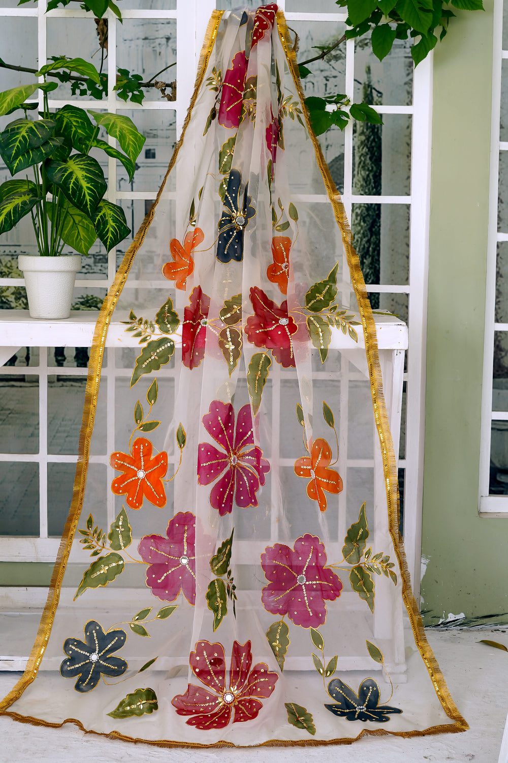 Ivory Multicolor Floral Organza Dupatta