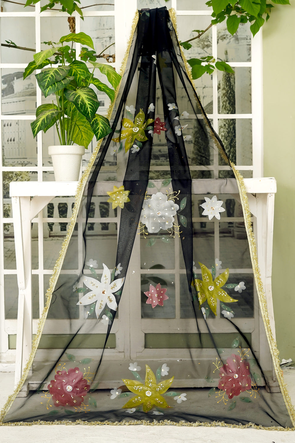 Black Floral Organza Dupatta