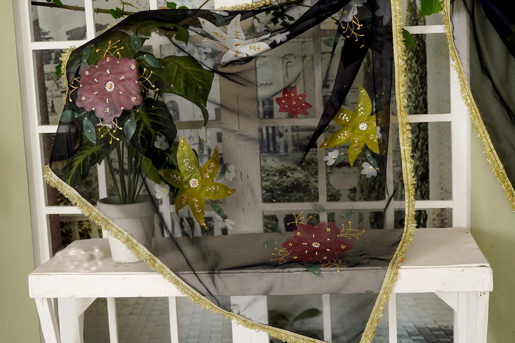 Black Floral Organza Dupatta