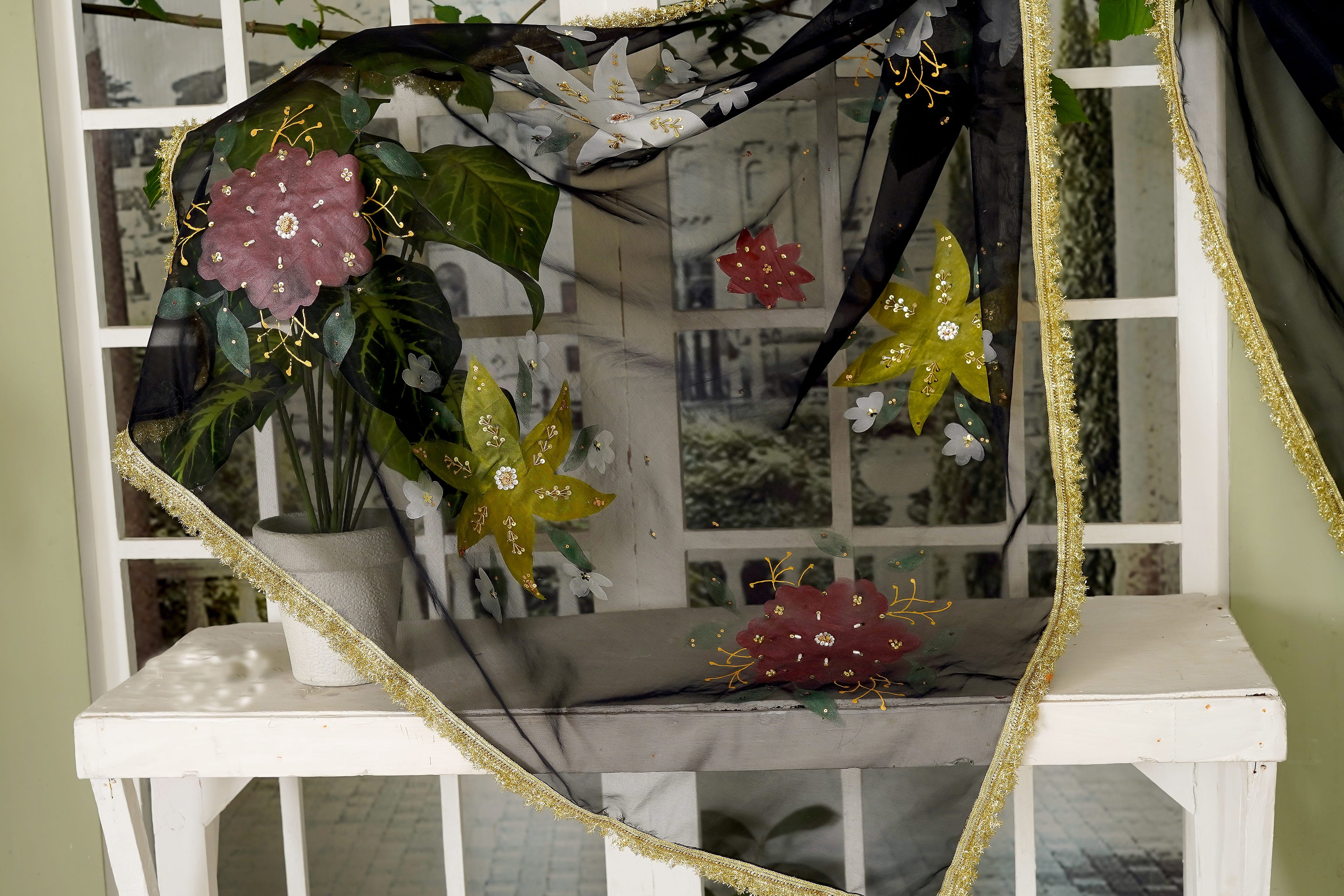 Black Floral Organza Dupatta