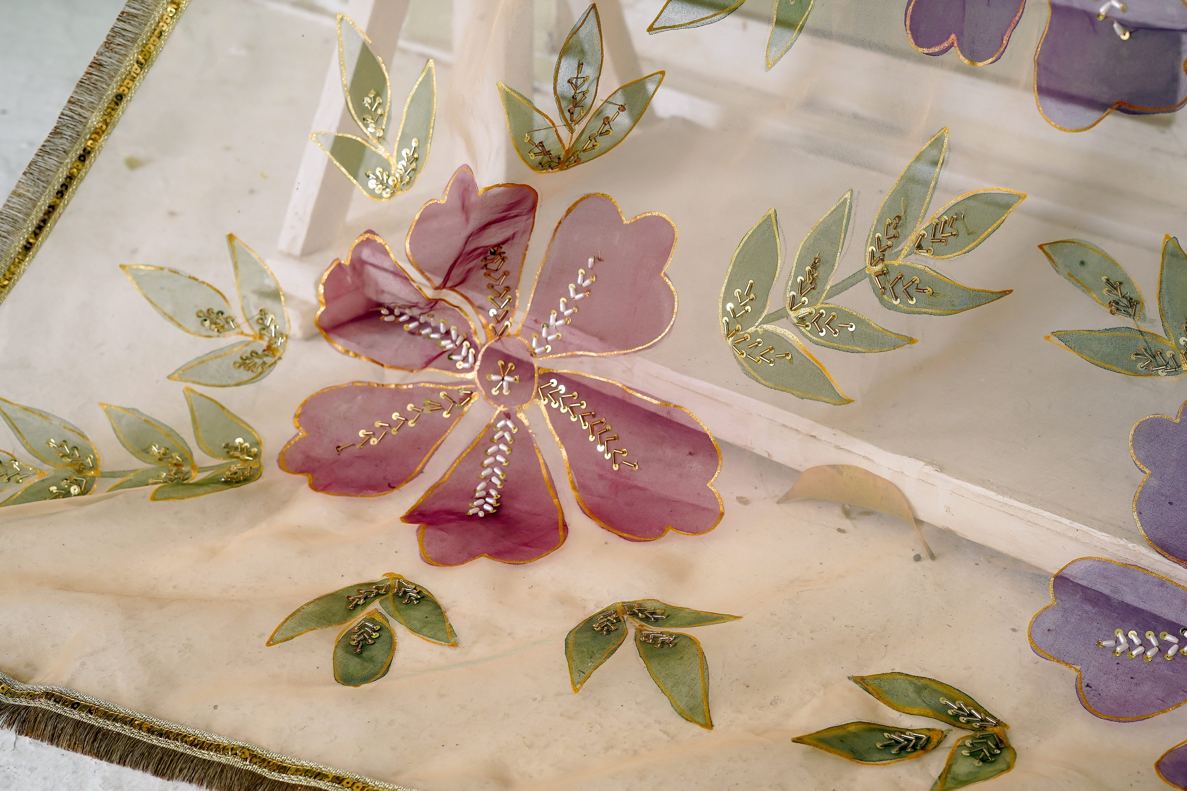 Champagne Floral Organza Dupatta