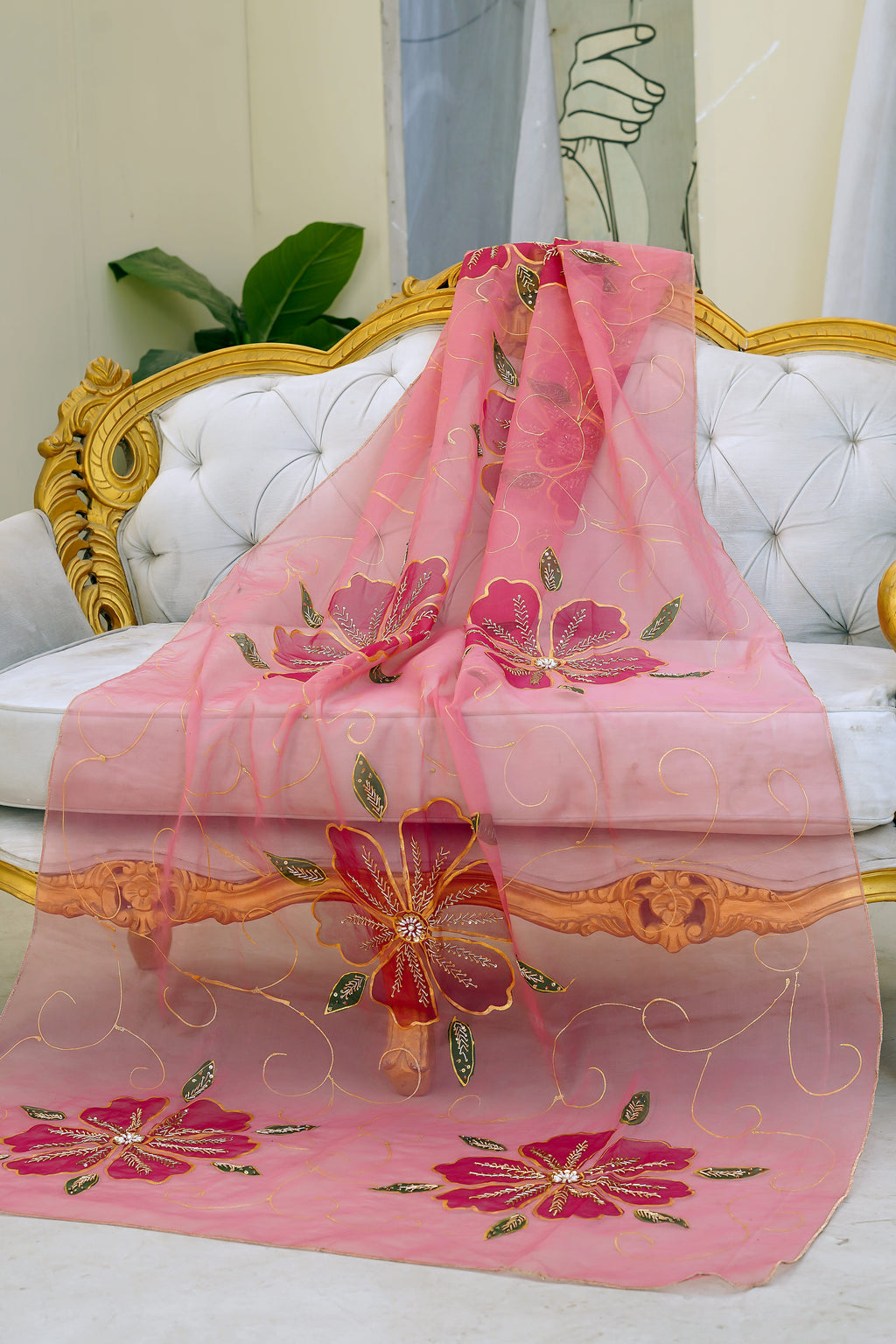 Pink Floral Organza Dupatta
