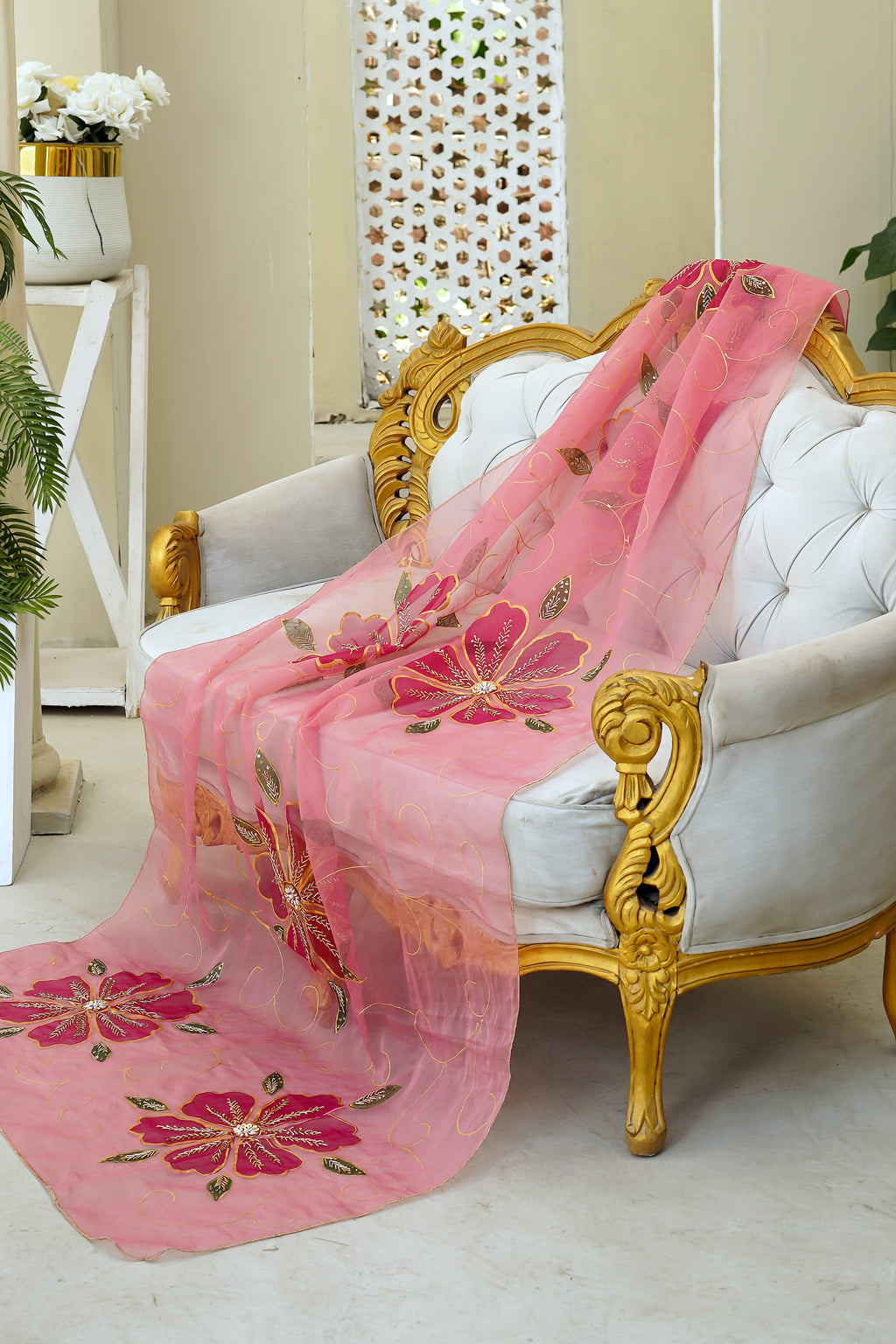 Pink Floral Organza Dupatta