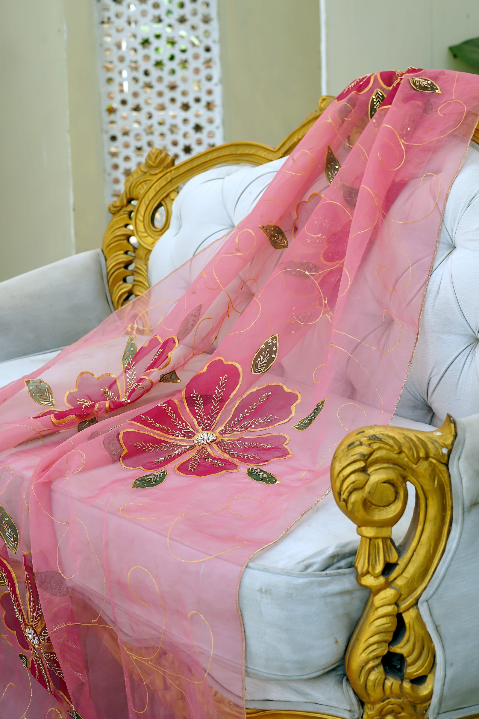 Pink Floral Organza Dupatta
