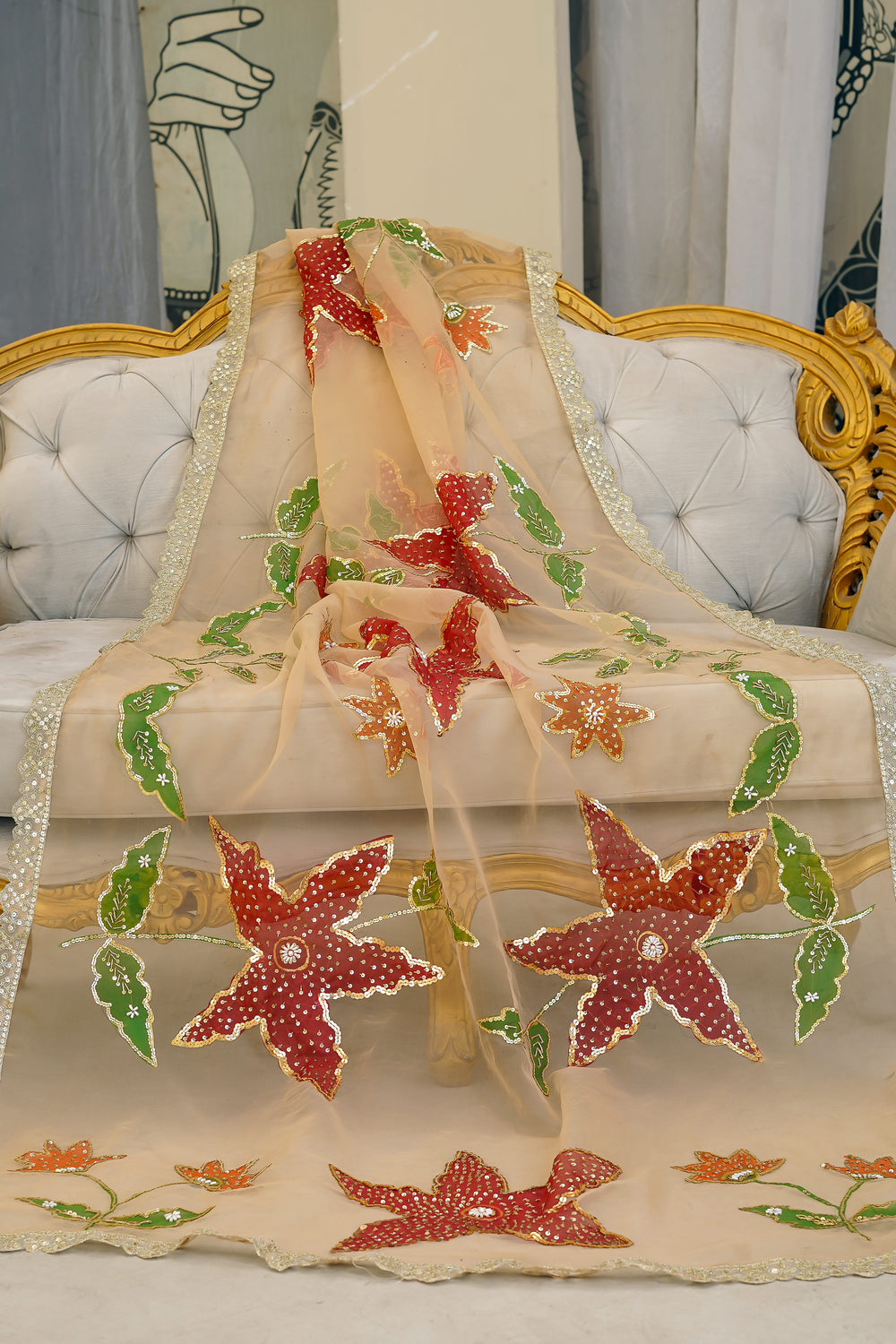 Peach Floral Organza Dupatta