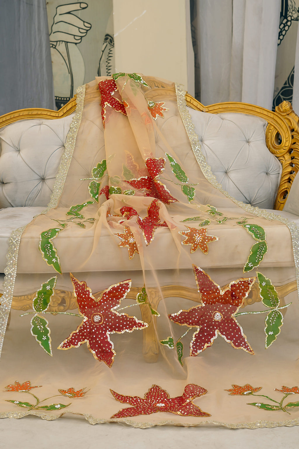Peach Floral Organza Dupatta