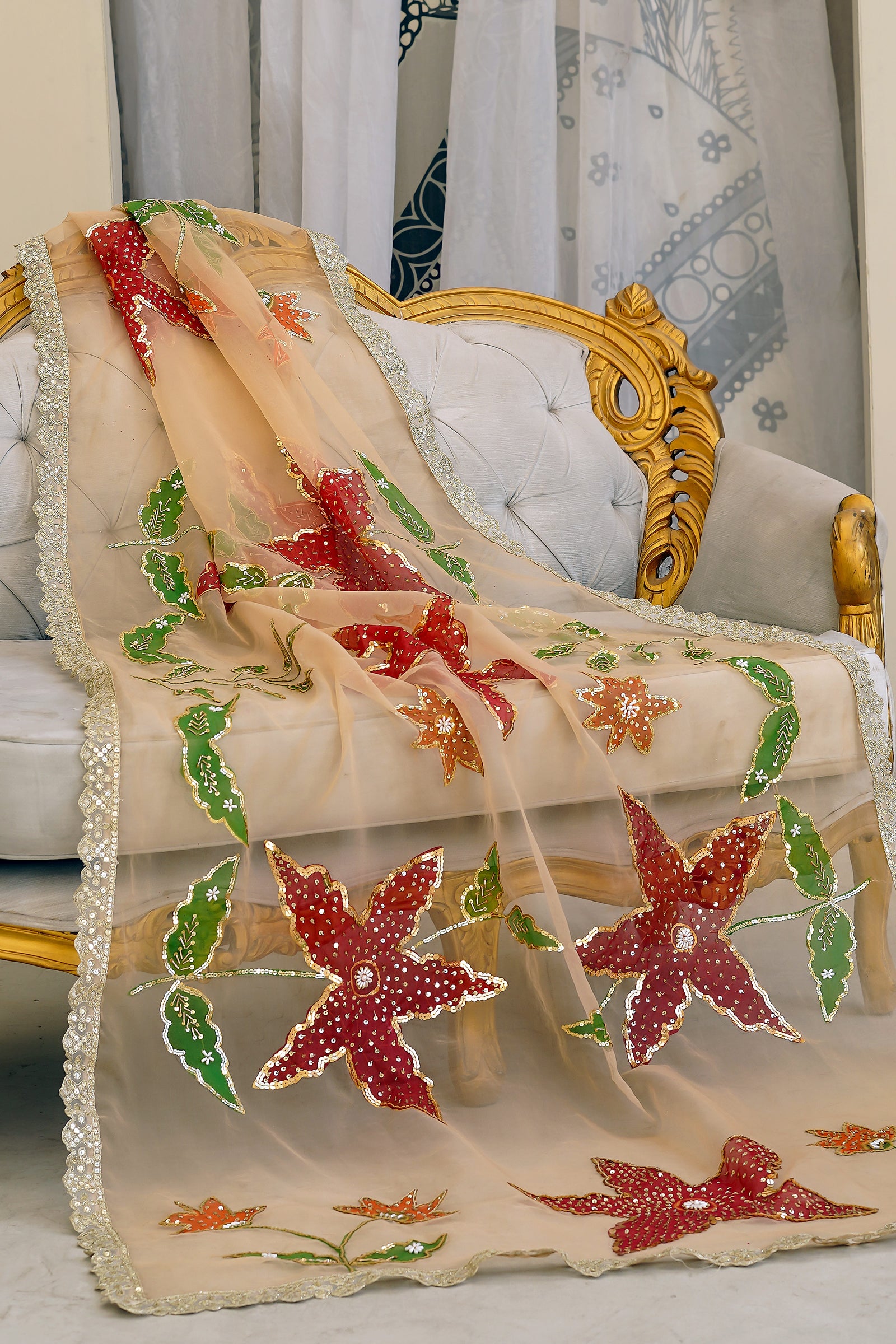 Peach Floral Organza Dupatta