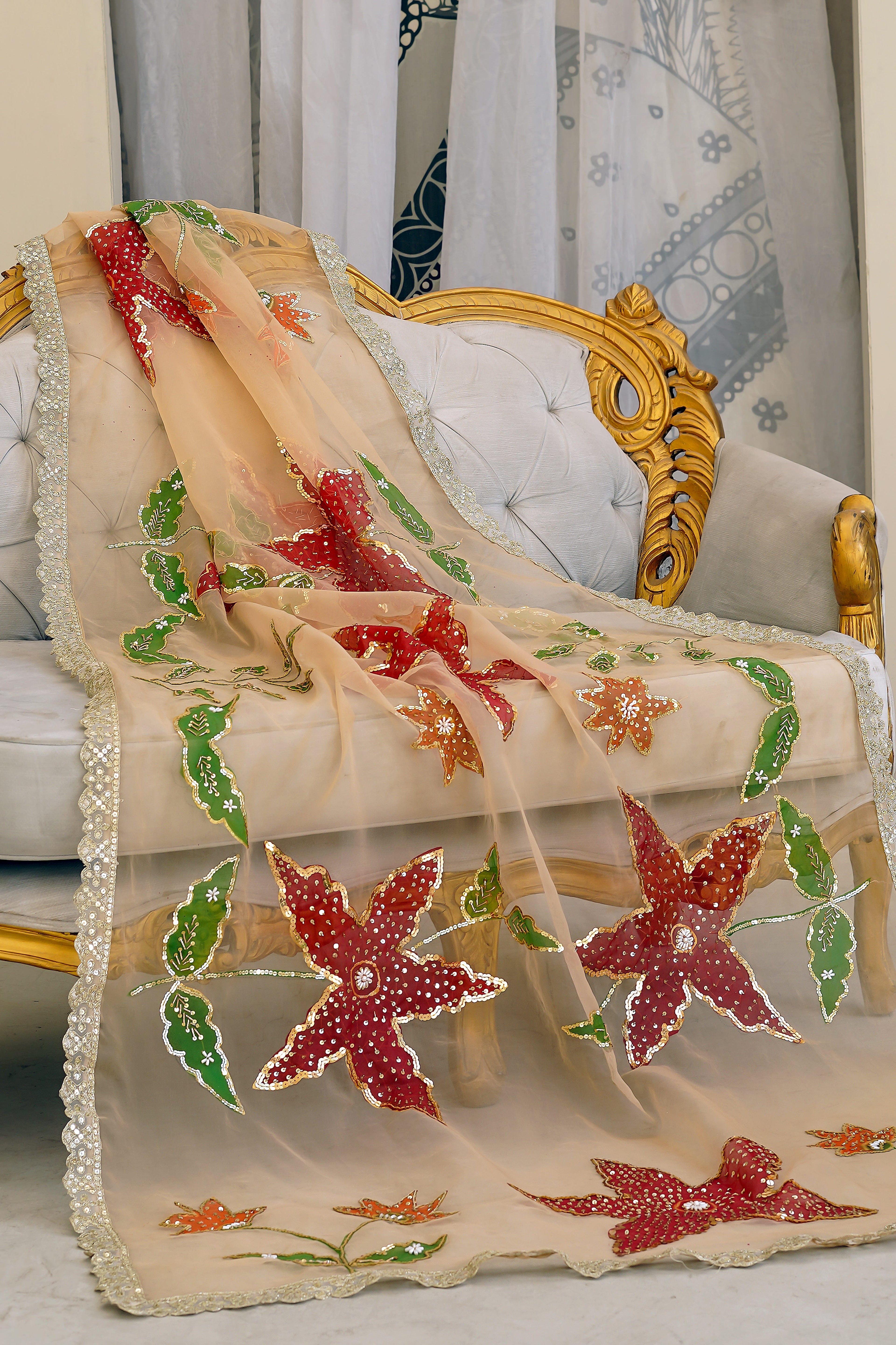 Peach Floral Organza Dupatta