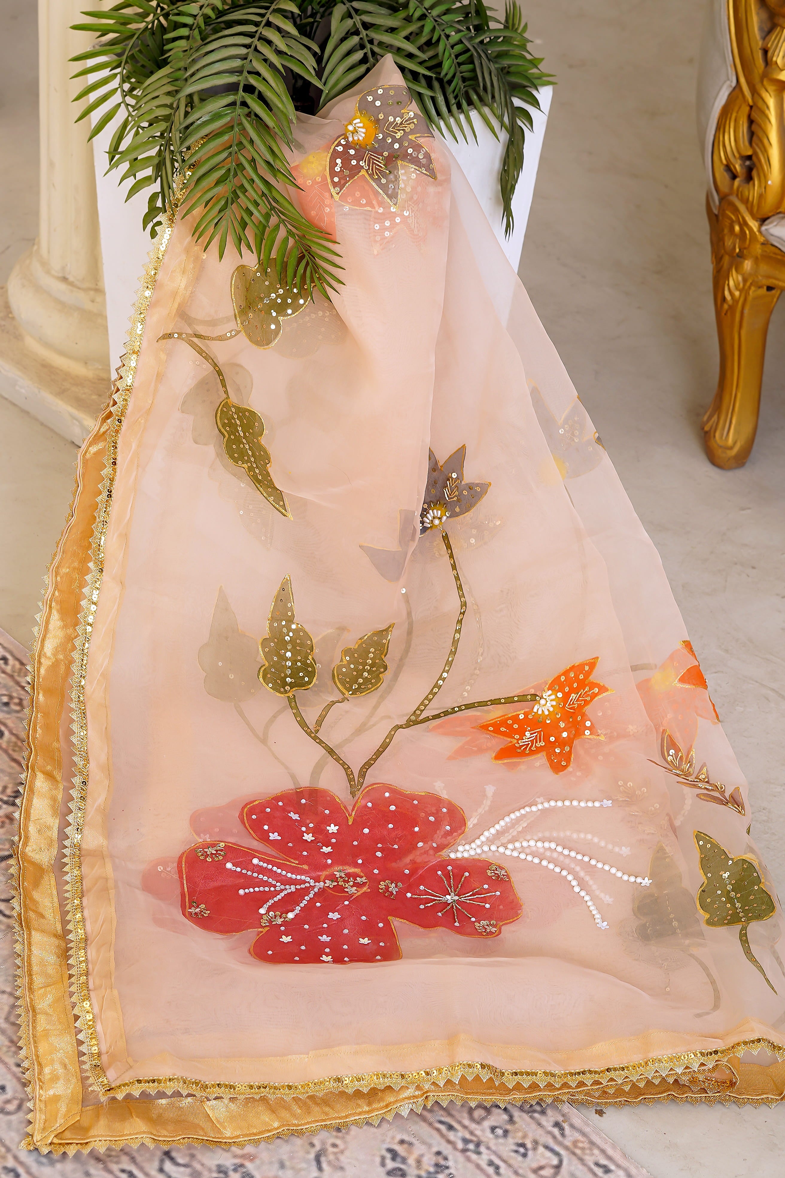 Blush Floral Organza Dupatta