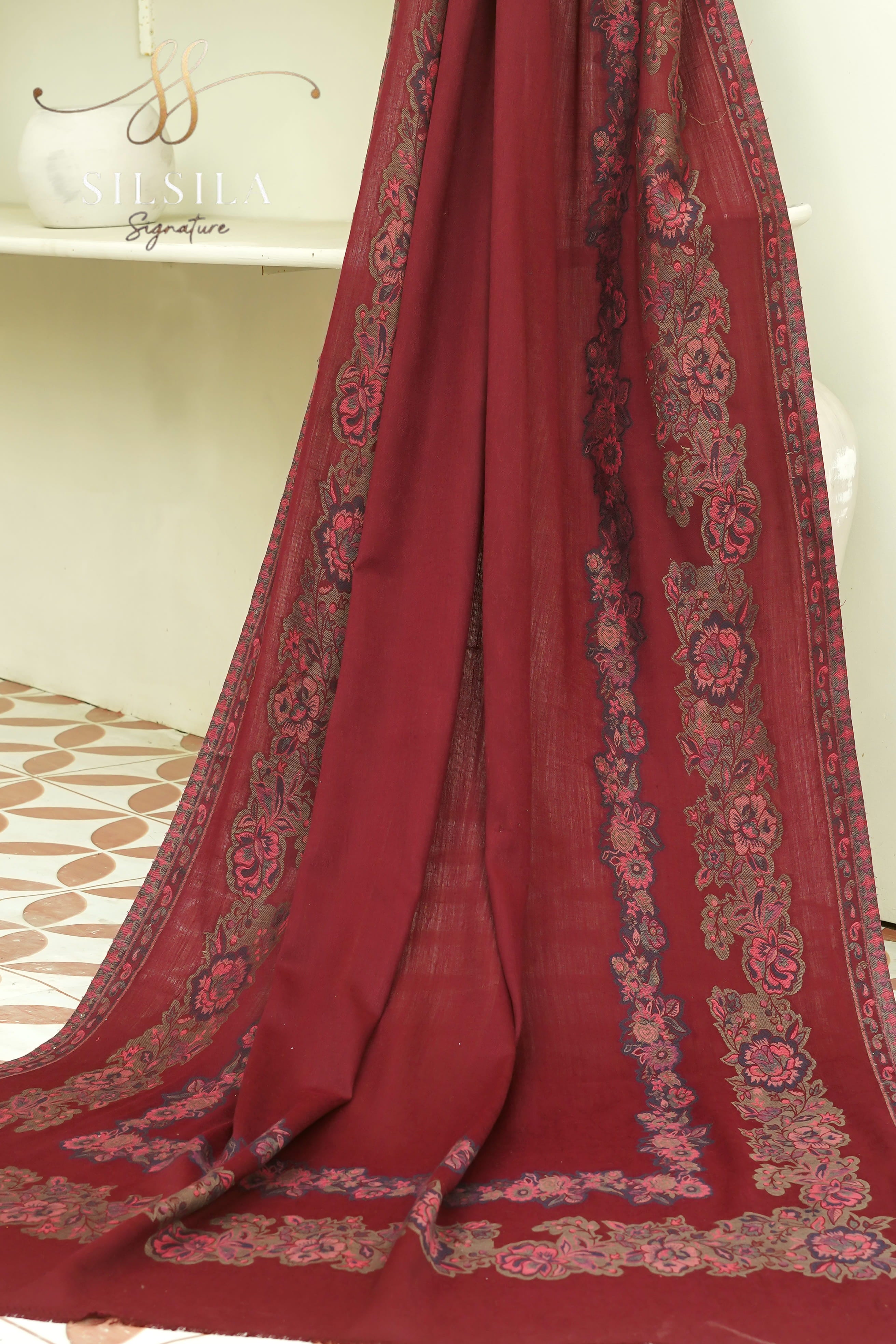 Maroon Floral Winter Shawl