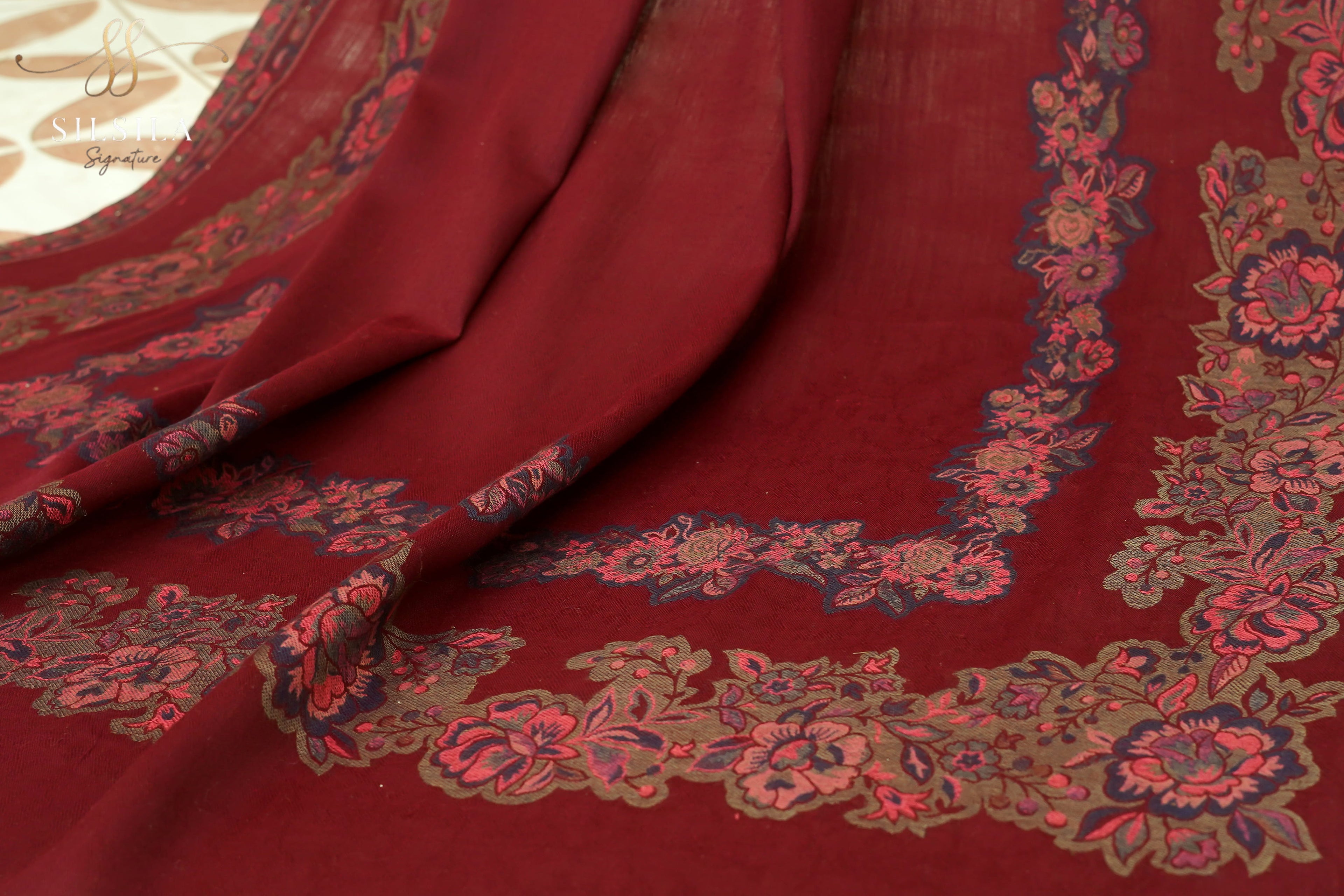Maroon Floral Winter Shawl