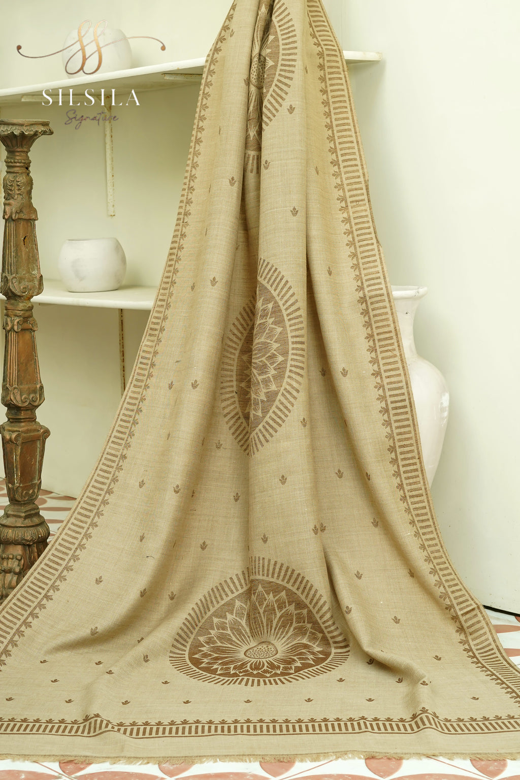 Beige Sunflower Motif Winter Shawl