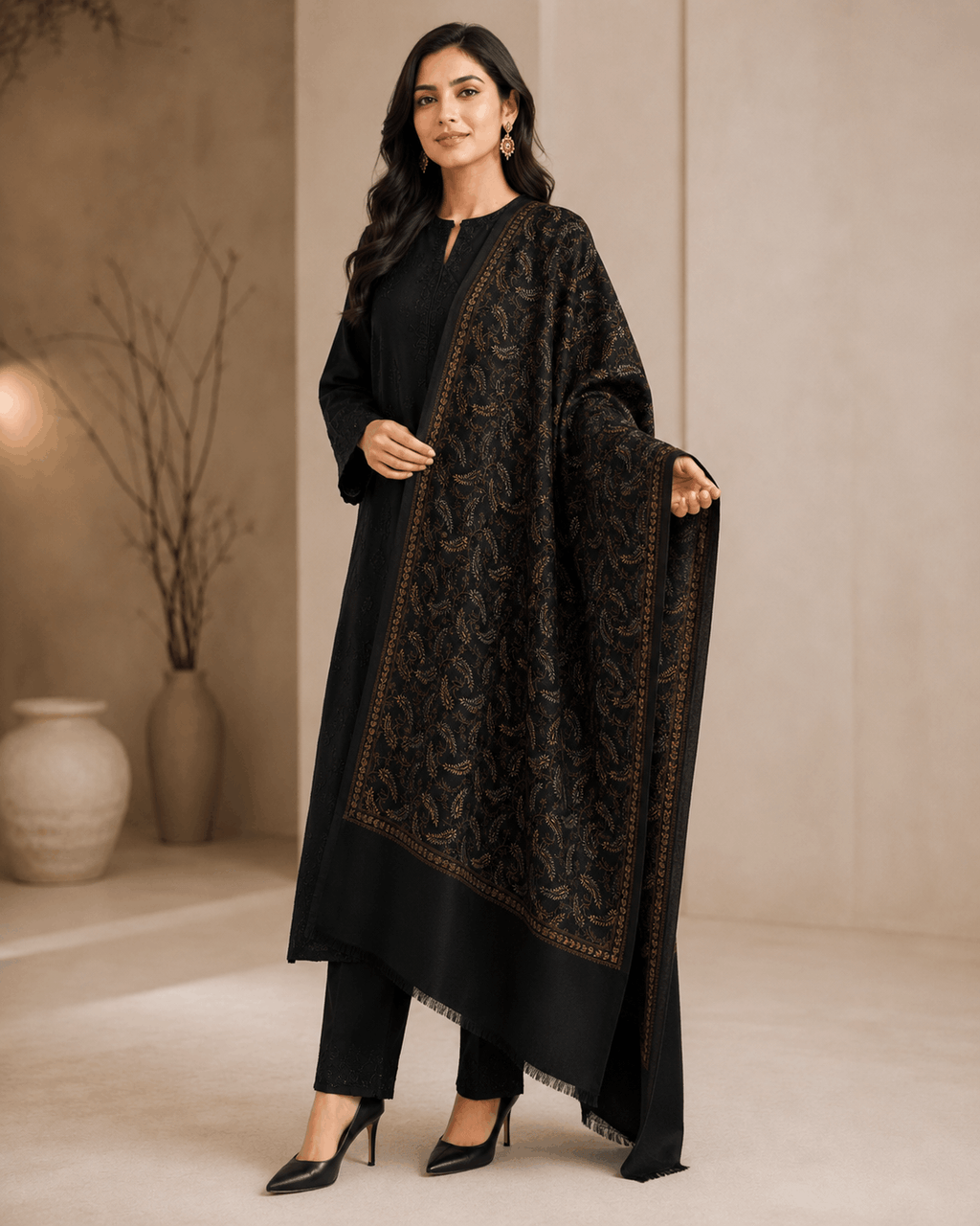 Black Antique Motif Winter Shawl