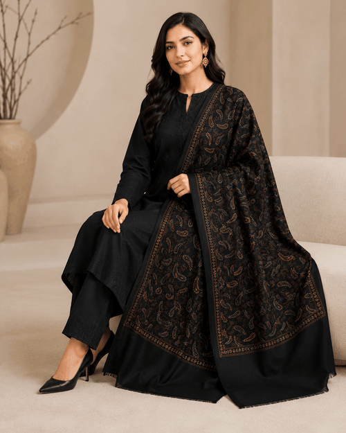 Black Antique Motif Winter Shawl