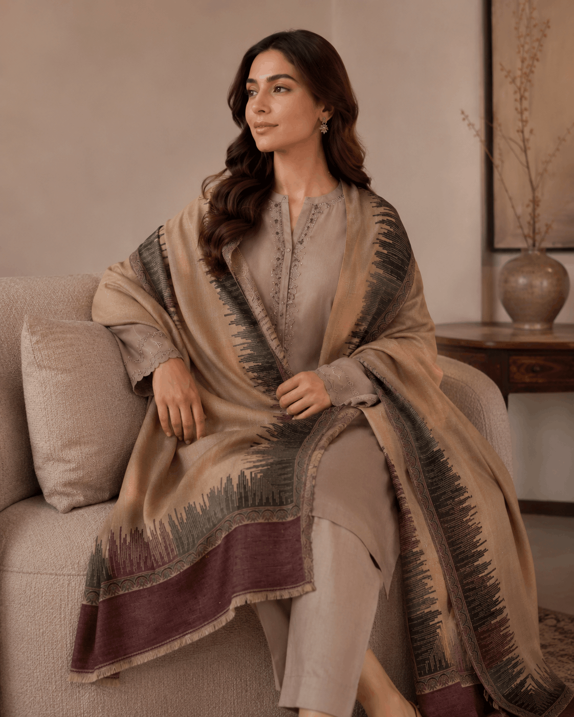 Beige Mocha Border Winter Shawl