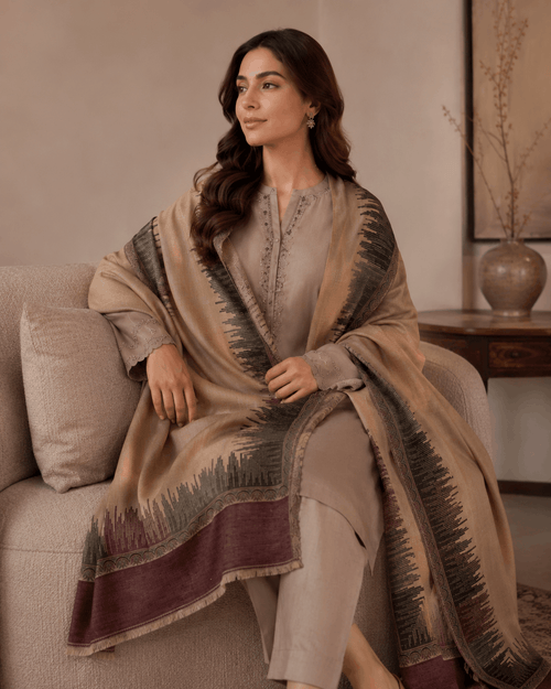 Beige Mocha Border Winter Shawl