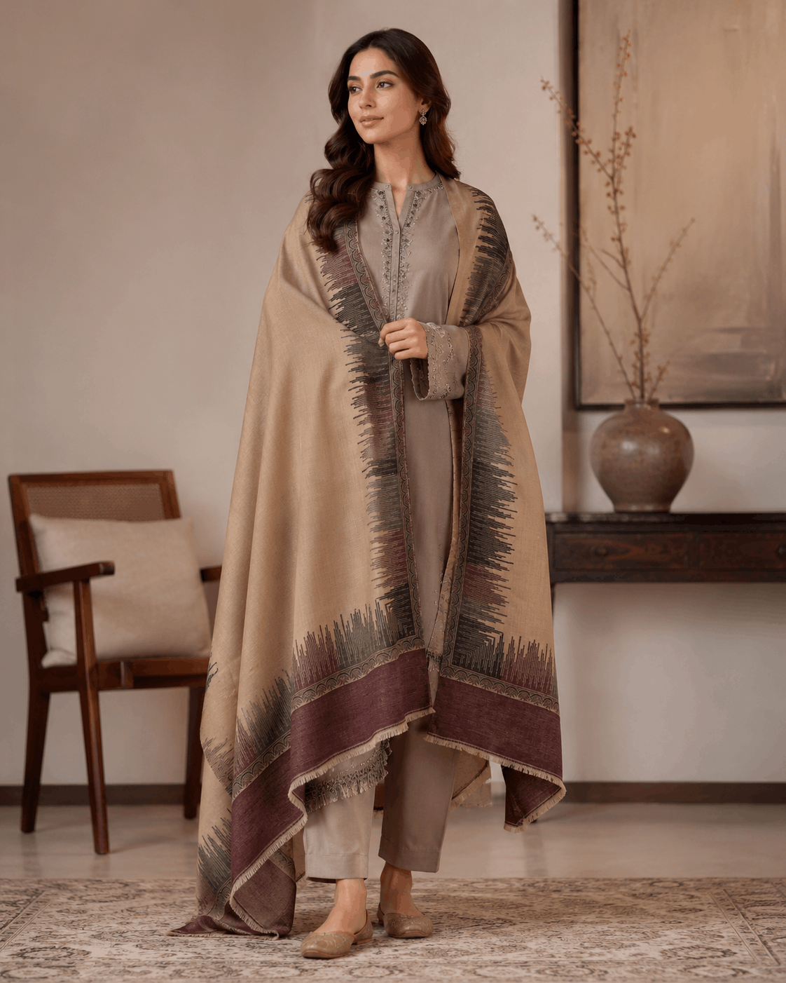 Beige Mocha Border Winter Shawl