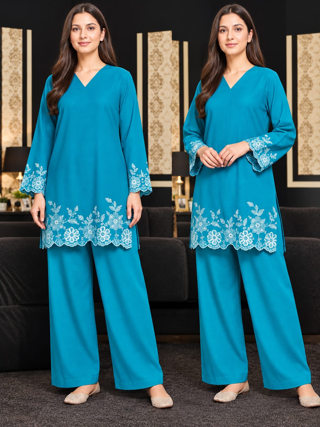 Teal Bloom Embroidered 2-Piece Suit